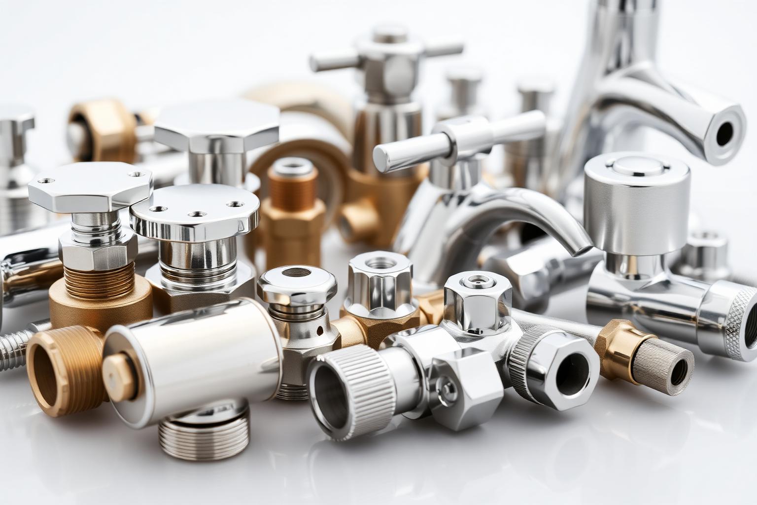 Close-up of plumbing fittings, valves and faucets