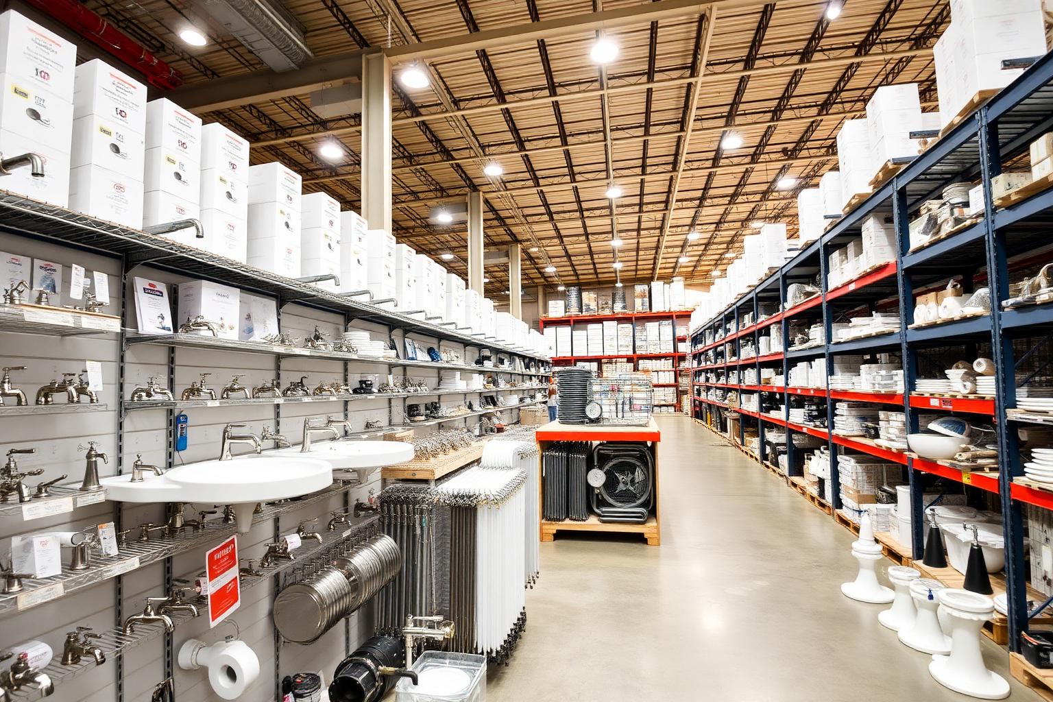 Modern plumbing hardware warehouse with organized wholesale inventory